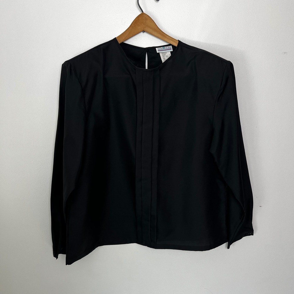 Favorites Vintage Black Pleated Front Long Sleeve Blouse Top Made‎ in USA L